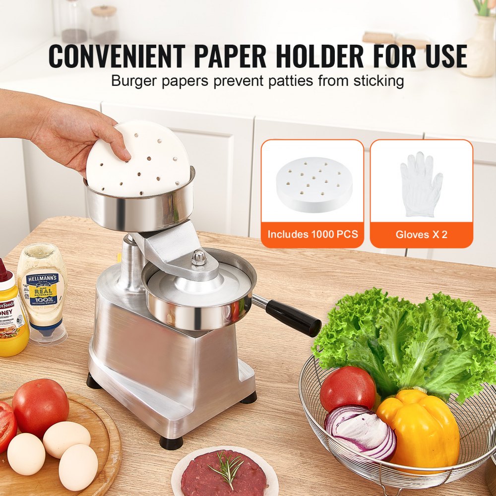 Commercial Burger Patty Maker, 130mm/5inch Hamburger Beef Patty Maker, Heavy Duty Food-Grade Stainless Steel Bowl Burger Press Machine, Kitchen Meat Forming Processor with 1000 Pcs Patty Papers