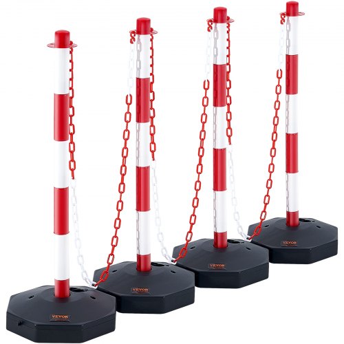 Adjustable Traffic Delineator Post Cones, 4 Pack, Traffic Safety Delineator Barrier with Fillable Base 8FT Chain, for Traffic Control Warning Parking Lot Construction Caution Roads, Red & White