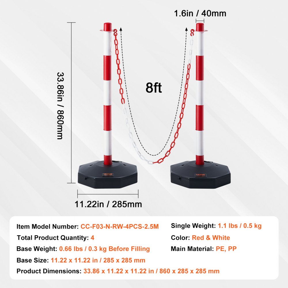 Adjustable Traffic Delineator Post Cones, 4 Pack, Traffic Safety Delineator Barrier with Fillable Base 8FT Chain, for Traffic Control Warning Parking Lot Construction Caution Roads, Red & White