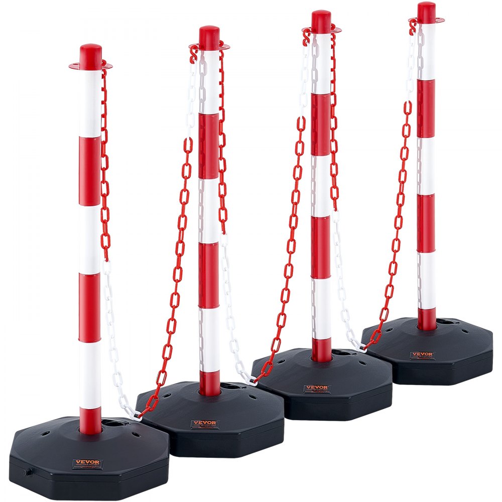 Adjustable Traffic Delineator Post Cones, 4 Pack, Traffic Safety Delineator Barrier with Fillable Base 8FT Chain, for Traffic Control Warning Parking Lot Construction Caution Roads, Red & White