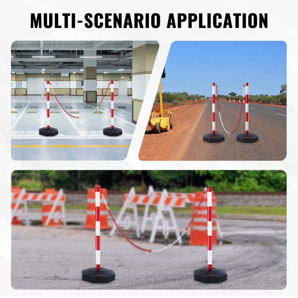 Adjustable Traffic Delineator Post Cones, 2 Pack, Traffic Safety Delineator Barrier with Fillable Base 8FT Chain, for Traffic Control Warning Parking Lot Construction Caution Roads, Red & White