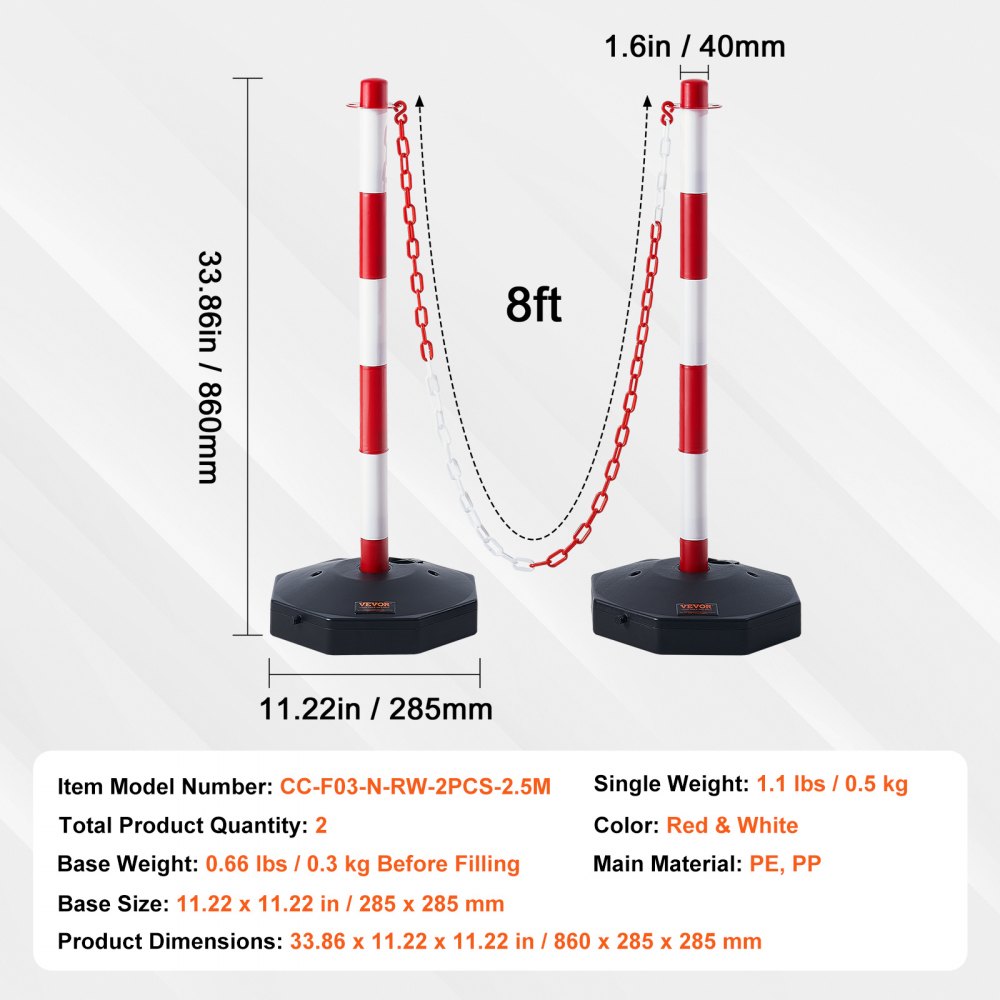 Adjustable Traffic Delineator Post Cones, 2 Pack, Traffic Safety Delineator Barrier with Fillable Base 8FT Chain, for Traffic Control Warning Parking Lot Construction Caution Roads, Red & White