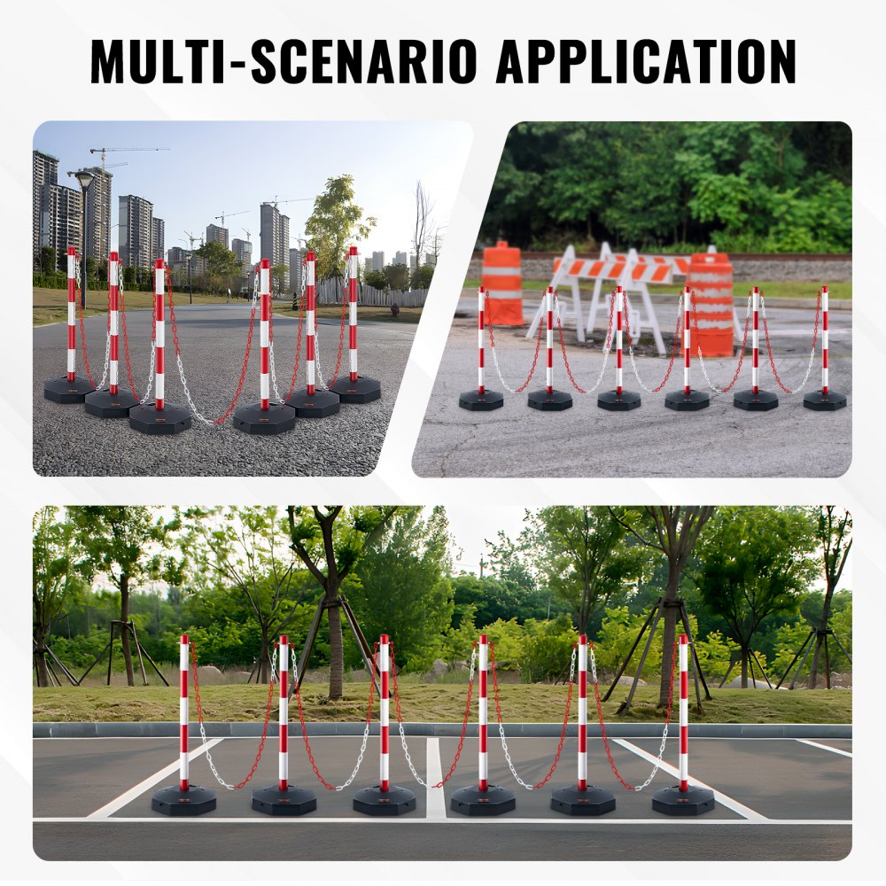 Adjustable Traffic Delineator Post Cones, 6 Pack, Traffic Safety Delineator Barrier with Fillable Base 6.6FT Chain, for Traffic Control Warning Parking Lot Construction Caution Roads, Red&White