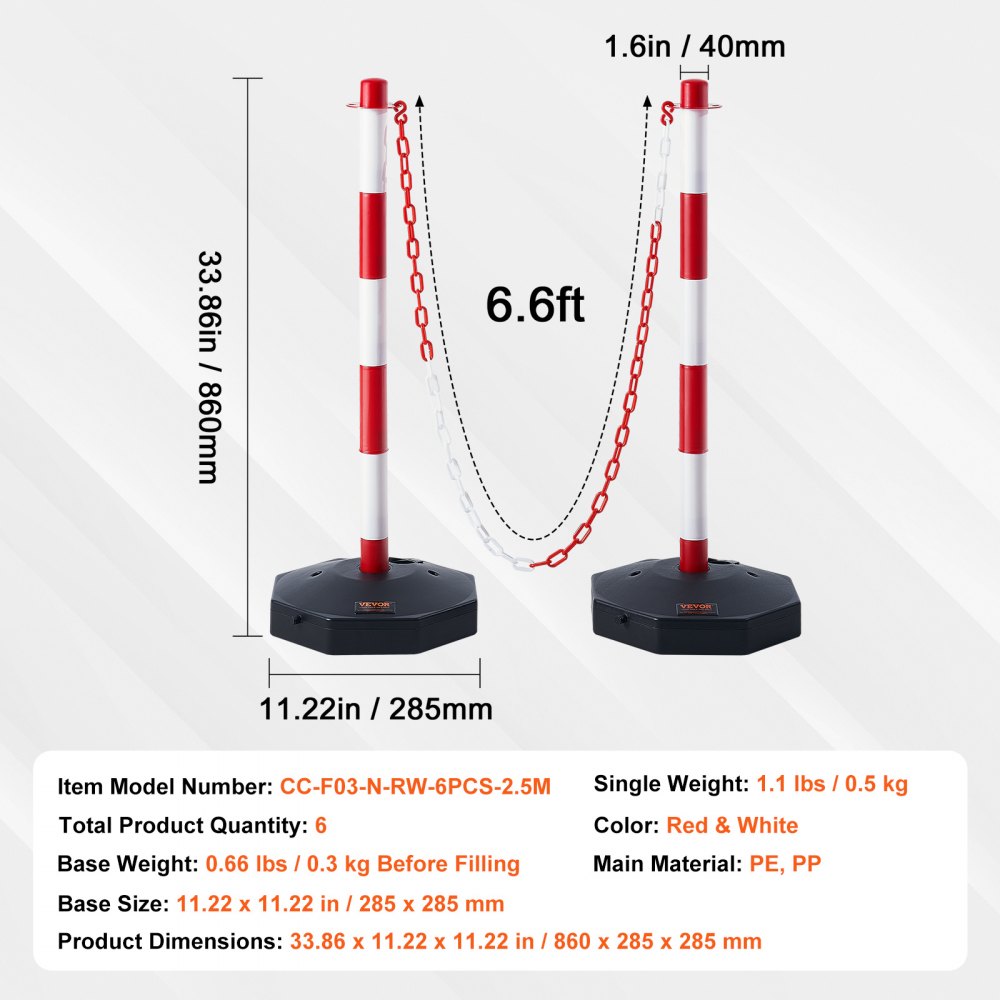 Adjustable Traffic Delineator Post Cones, 6 Pack, Traffic Safety Delineator Barrier with Fillable Base 6.6FT Chain, for Traffic Control Warning Parking Lot Construction Caution Roads, Red&White