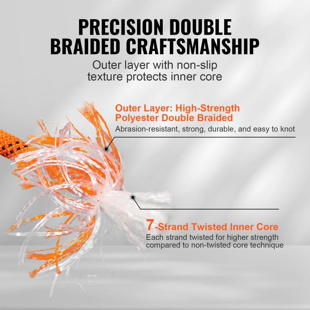 Double Braided Polyester Rope, 1/2 in x 120 ft, 48 Strands, 8000 LBS Breaking Strength Outdoor Climbing Rope, Arborist Rigging Rope for Rock Hiking Camping Swing Rappelling Rescue, Orange/Black