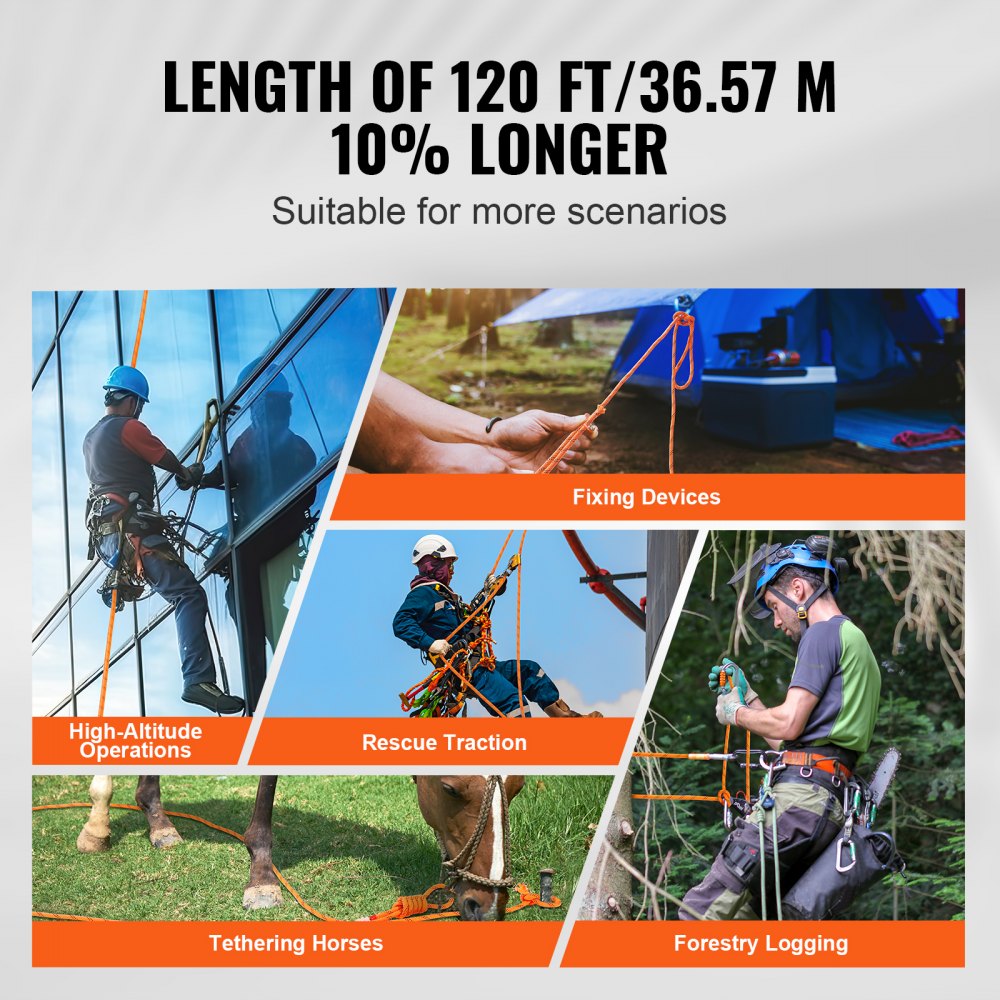Double Braided Polyester Rope, 1/2 in x 120 ft, 48 Strands, 8000 LBS Breaking Strength Outdoor Climbing Rope, Arborist Rigging Rope for Rock Hiking Camping Swing Rappelling Rescue, Orange/Black
