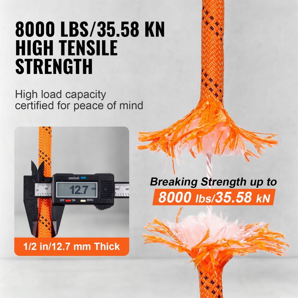 Double Braided Polyester Rope, 1/2 in x 120 ft, 48 Strands, 8000 LBS Breaking Strength Outdoor Climbing Rope, Arborist Rigging Rope for Rock Hiking Camping Swing Rappelling Rescue, Orange/Black