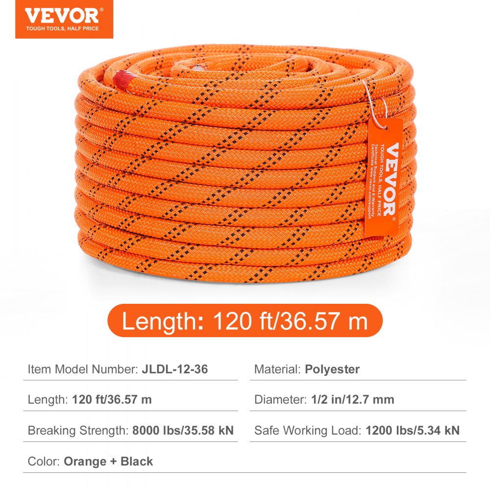 Double Braided Polyester Rope, 1/2 in x 120 ft, 48 Strands, 8000 LBS Breaking Strength Outdoor Climbing Rope, Arborist Rigging Rope for Rock Hiking Camping Swing Rappelling Rescue, Orange/Black