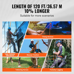 Double Braided Polyester Rope, 3/8 in x 120 ft, 48 Strands, 4000 LBS Breaking Strength Outdoor Climbing Rope, Arborist Rigging Rope for Rock Hiking Camping Swing Rappelling Rescue, Orange/Black
