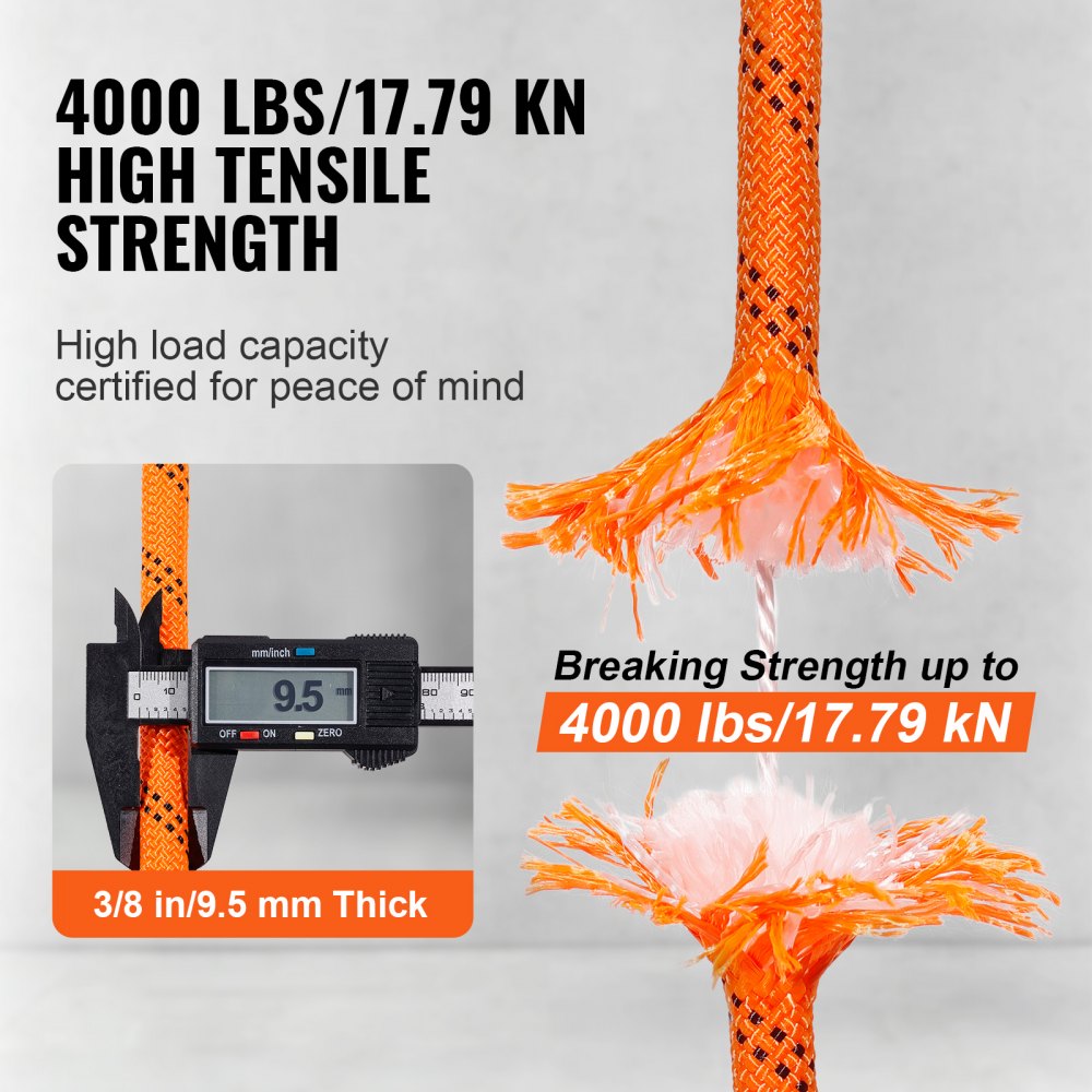 Double Braided Polyester Rope, 3/8 in x 120 ft, 48 Strands, 4000 LBS Breaking Strength Outdoor Climbing Rope, Arborist Rigging Rope for Rock Hiking Camping Swing Rappelling Rescue, Orange/Black