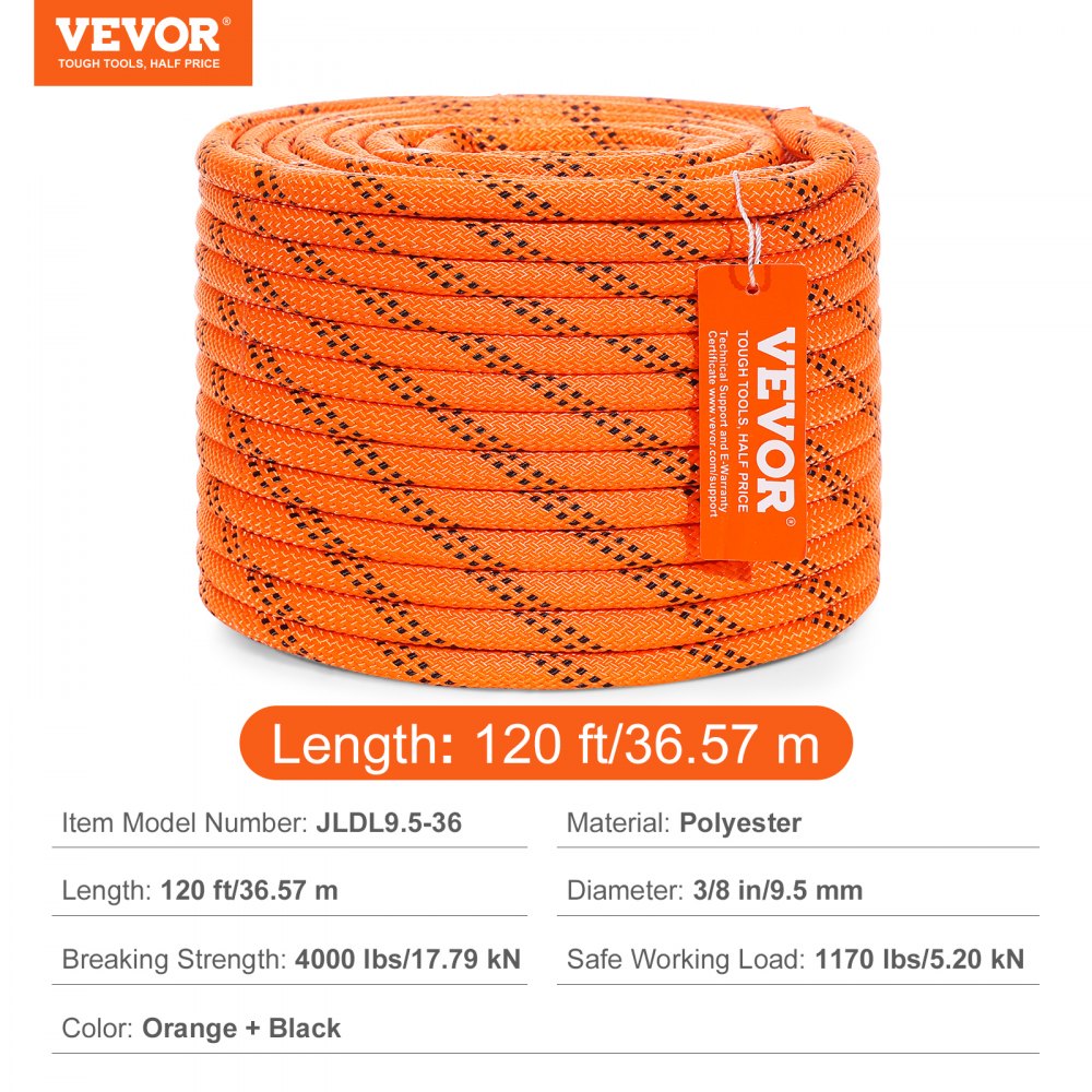 Double Braided Polyester Rope, 3/8 in x 120 ft, 48 Strands, 4000 LBS Breaking Strength Outdoor Climbing Rope, Arborist Rigging Rope for Rock Hiking Camping Swing Rappelling Rescue, Orange/Black