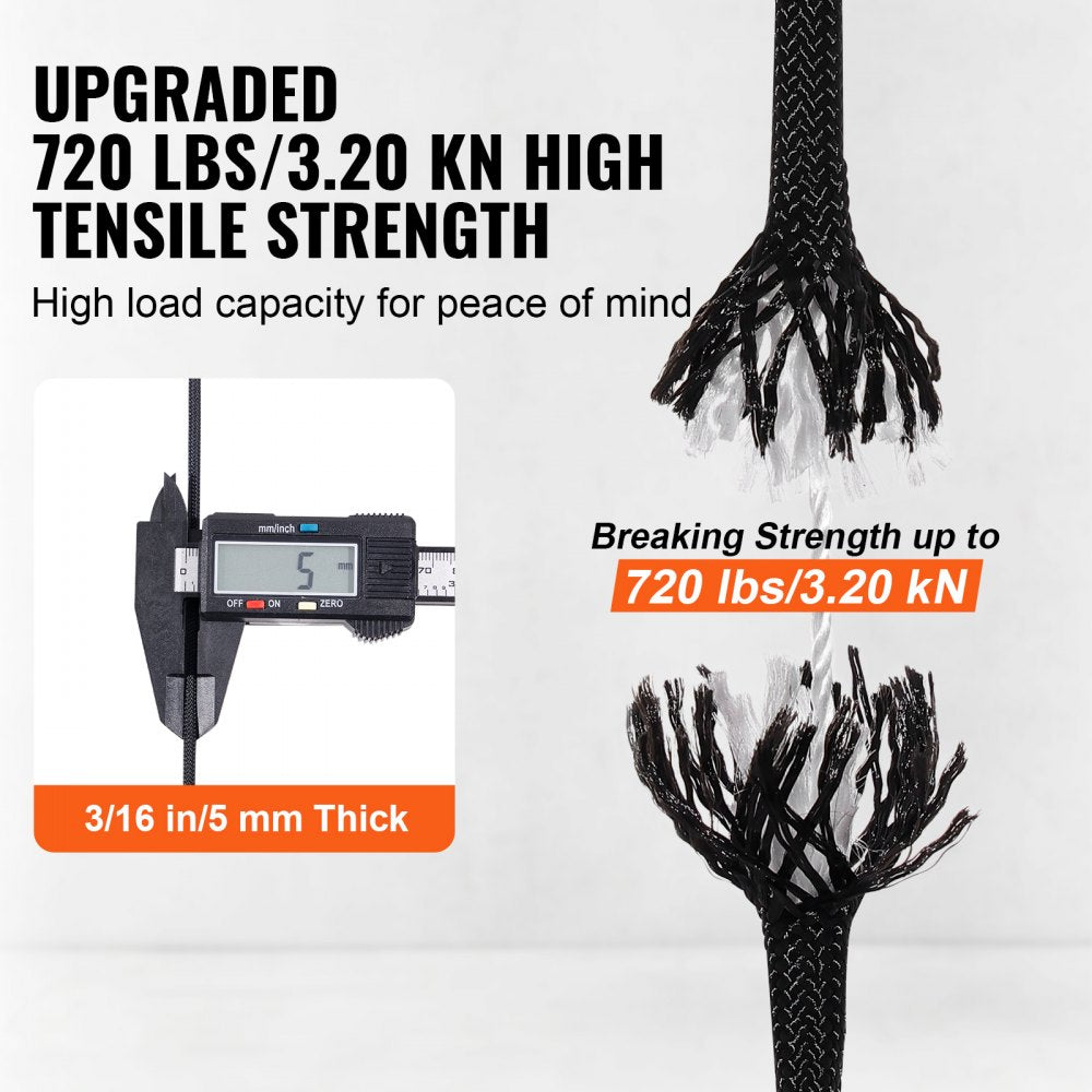 Braided Nylon Rope, 3/16 in x 1000 ft, 32 Strands, 720 LBS Breaking Strength Outdoor Climbing Rope, Arborist Tree Climbing Rigging Rope for Rock Hiking Camping Swing Rappelling Rescue, Black