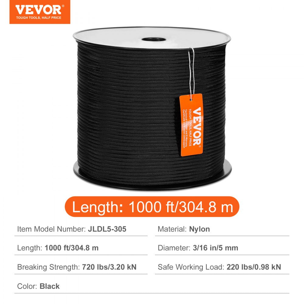 Braided Nylon Rope, 3/16 in x 1000 ft, 32 Strands, 720 LBS Breaking Strength Outdoor Climbing Rope, Arborist Tree Climbing Rigging Rope for Rock Hiking Camping Swing Rappelling Rescue, Black