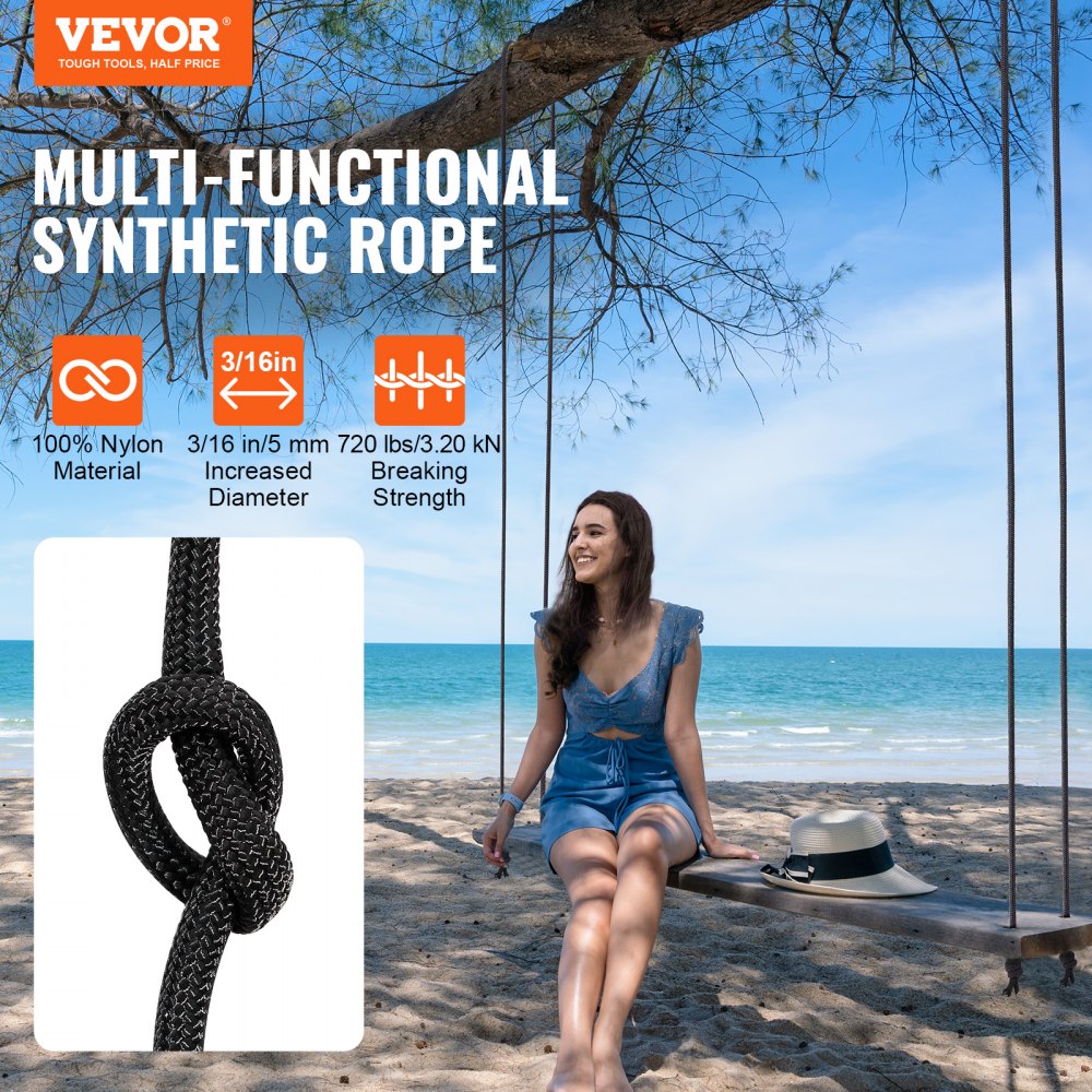 Braided Nylon Cord, 3/16 inch by 250 feet, 32-Strand Design, 720 LBS Tensile Strength, Multi-Purpose Black Rope for Outdoor, Tree Work, Hiking, Swinging, and Rescue Operations