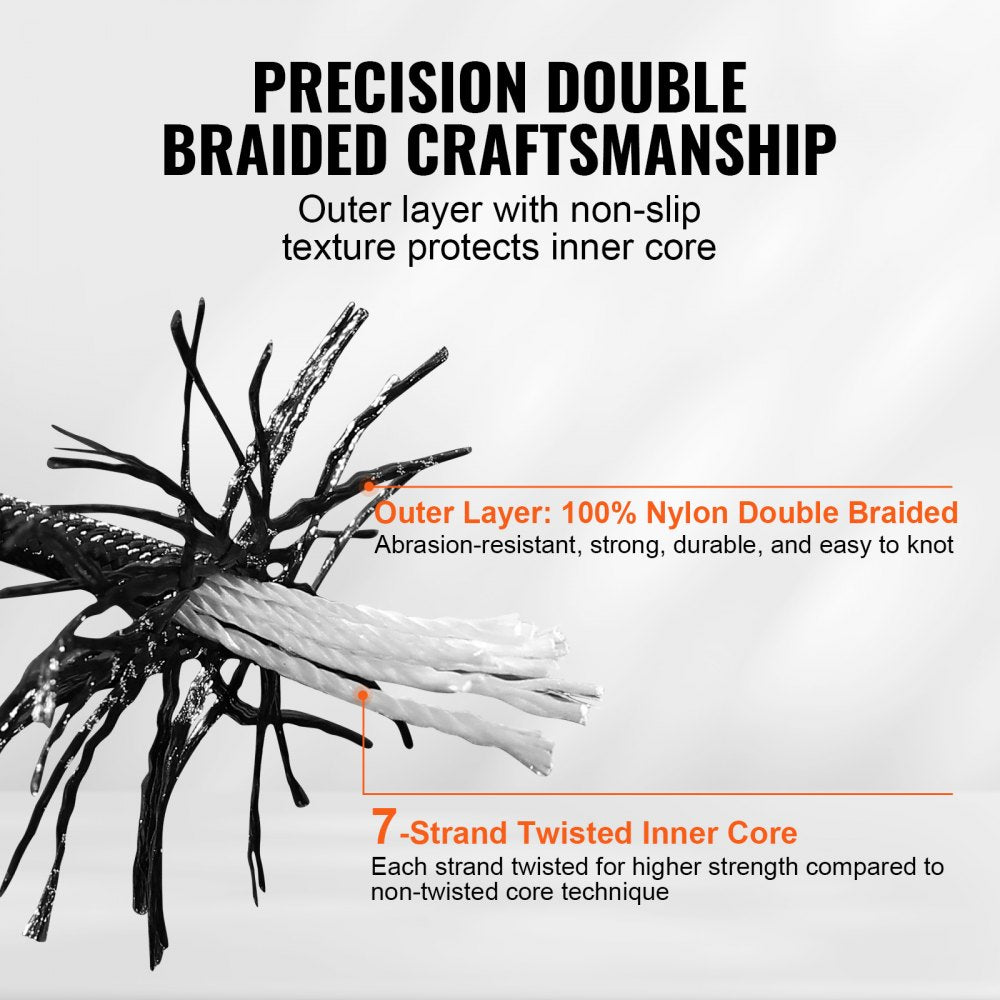 Braided Nylon Cord, 3/16 inch by 250 feet, 32-Strand Design, 720 LBS Tensile Strength, Multi-Purpose Black Rope for Outdoor, Tree Work, Hiking, Swinging, and Rescue Operations