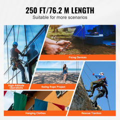 Braided Nylon Cord, 3/16 inch by 250 feet, 32-Strand Design, 720 LBS Tensile Strength, Multi-Purpose Black Rope for Outdoor, Tree Work, Hiking, Swinging, and Rescue Operations