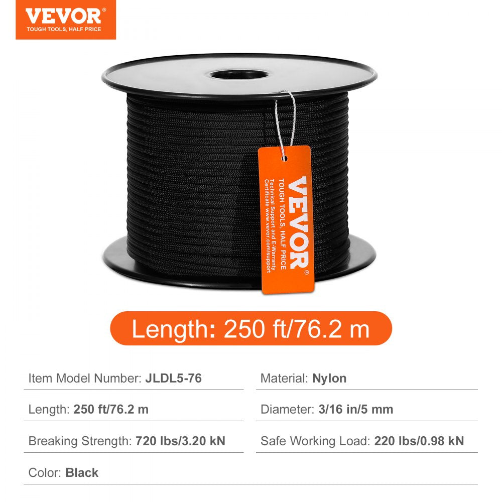 Braided Nylon Cord, 3/16 inch by 250 feet, 32-Strand Design, 720 LBS Tensile Strength, Multi-Purpose Black Rope for Outdoor, Tree Work, Hiking, Swinging, and Rescue Operations