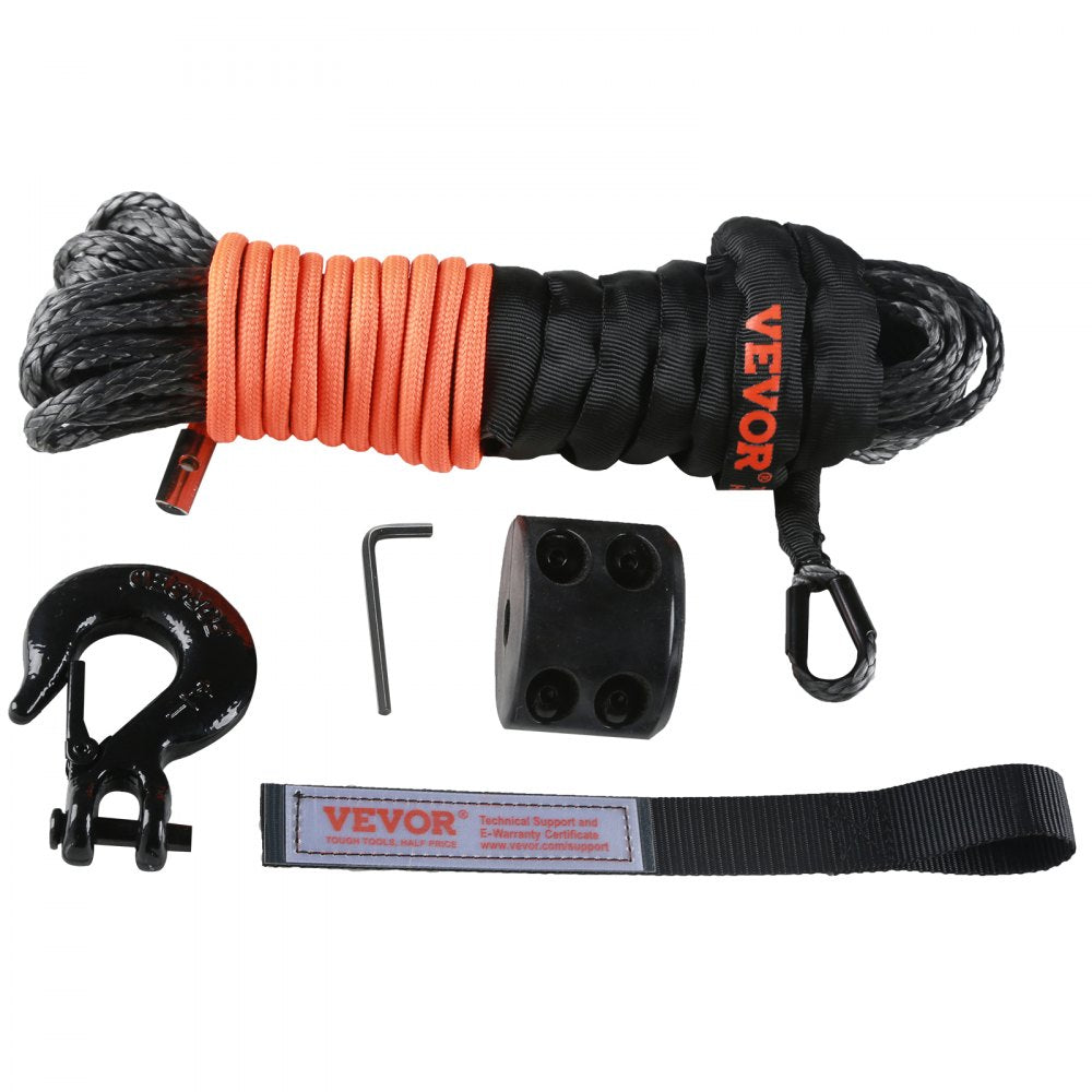 Synthetic Winch Rope, 1/4 Inch x 50 Feet 10,000 lbs Synthetic Winch Line Cable Rope with Protective Sleeve + Stopper + Forged Winch Hook + Pull Strap, Fit for ATV, UTV, Small Vehicle, Pickup