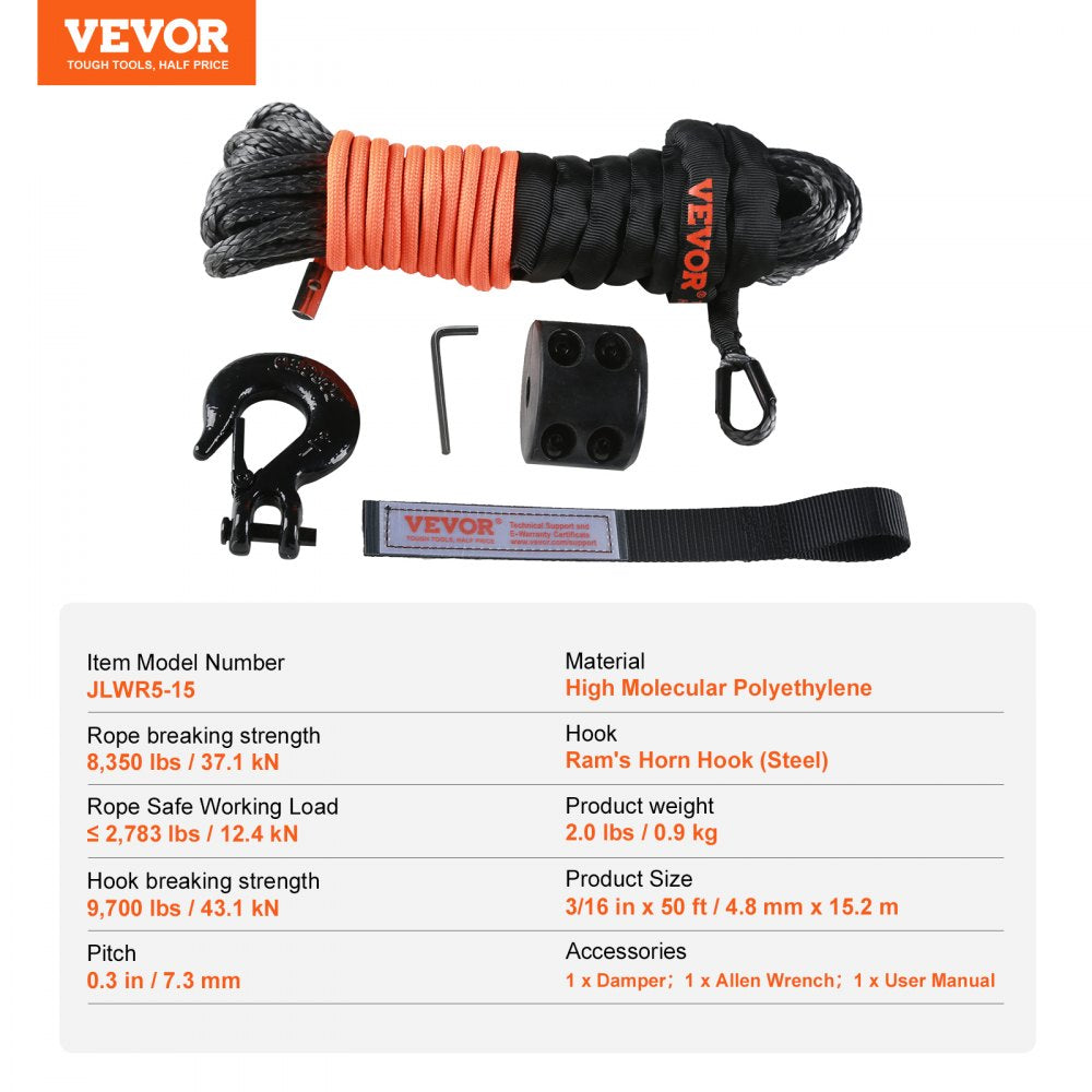 Synthetic Winch Rope, 3/16 Inch x 50 Feet 8,350 lbs Synthetic Winch Line Cable Rope with Protective Sleeve + Stopper + Forged Winch Hook + Pull Strap, Universal Fit for ATV, UTV, Vehicle Towing