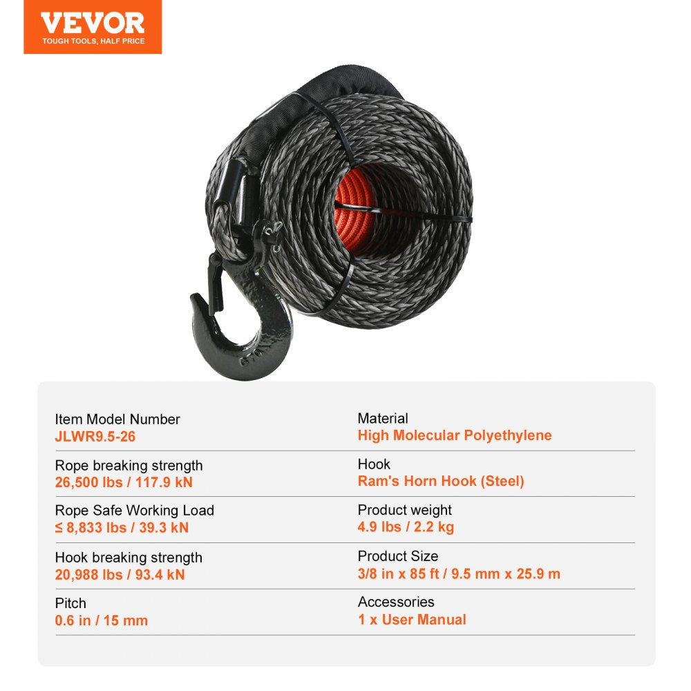 Synthetic Winch Rope, 3/8 Inch x 85 Feet 26,500 lbs Synthetic Winch Line Cable Rope with Protective Sleeve + Forged Winch Hook + Pull Strap, Universal Fit for SUV, Large Off-Road Vehicle, Truck