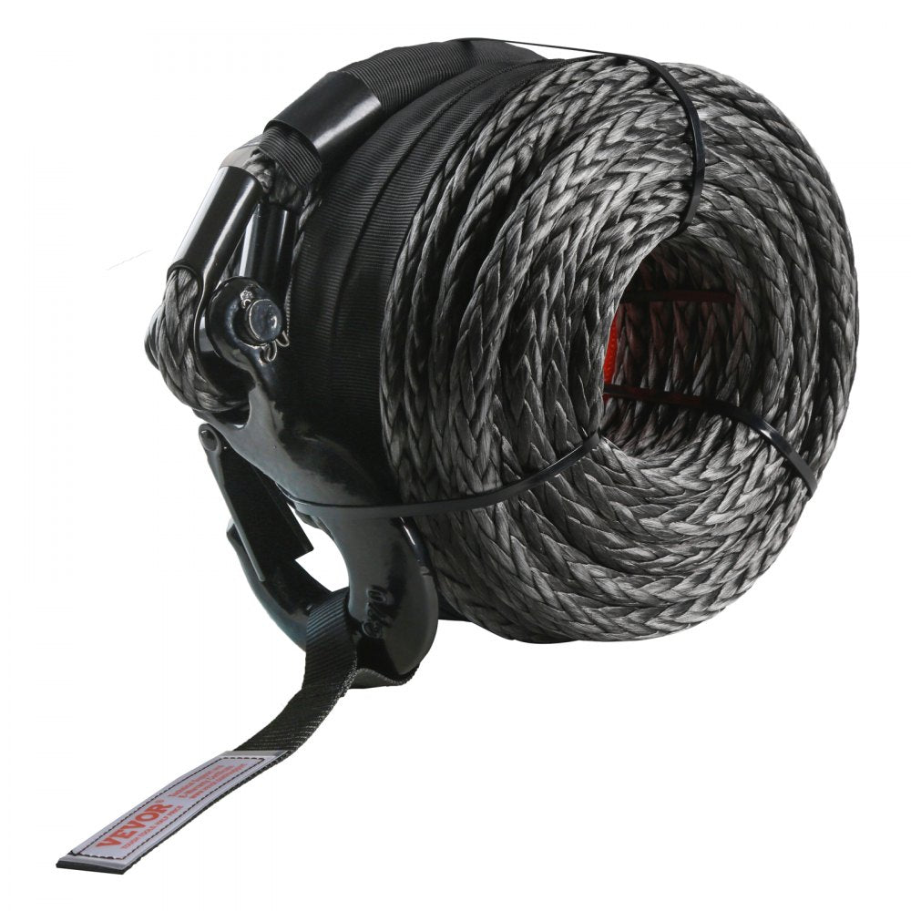 Synthetic Winch Rope, 3/8 Inch x 85 Feet 26,500 lbs Synthetic Winch Line Cable Rope with Protective Sleeve + Forged Winch Hook + Pull Strap, Universal Fit for SUV, Large Off-Road Vehicle, Truck
