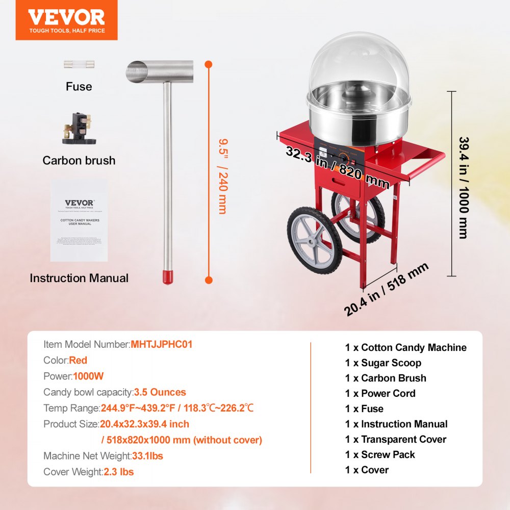Electric Cotton Candy Machine with Cart, 1000W Commercial Candy Floss Maker with Cover, Stainless Steel Bowl, Sugar Scoop and Drawer, Perfect for Home, Kids Birthday, Family Party, Red