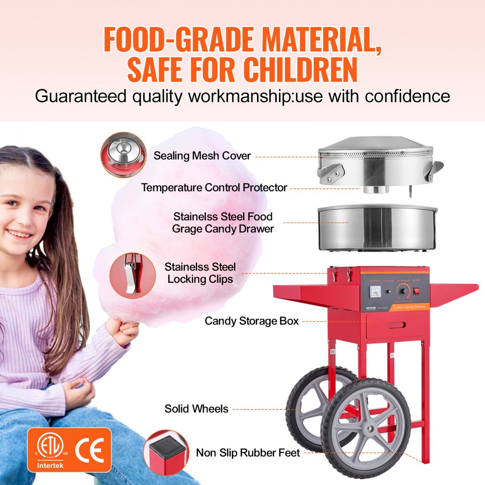 Electric Cotton Candy Machine with Cart, 1000W Commercial Candy Floss Maker with Stainless Steel Bowl, Sugar Scoop and Drawer, Perfect for Home, Kids Birthday, Family Party, Red