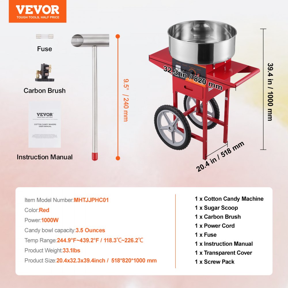 Electric Cotton Candy Machine with Cart, 1000W Commercial Candy Floss Maker with Stainless Steel Bowl, Sugar Scoop and Drawer, Perfect for Home, Kids Birthday, Family Party, Red