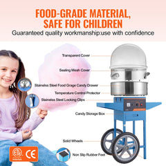 Electric Cotton Candy Machine with Cart, 1000W Commercial Candy Floss Maker with Cover, Stainless Steel Bowl, Sugar Scoop and Drawer, Perfect for Home, Kids Birthday, Family Party, Blue