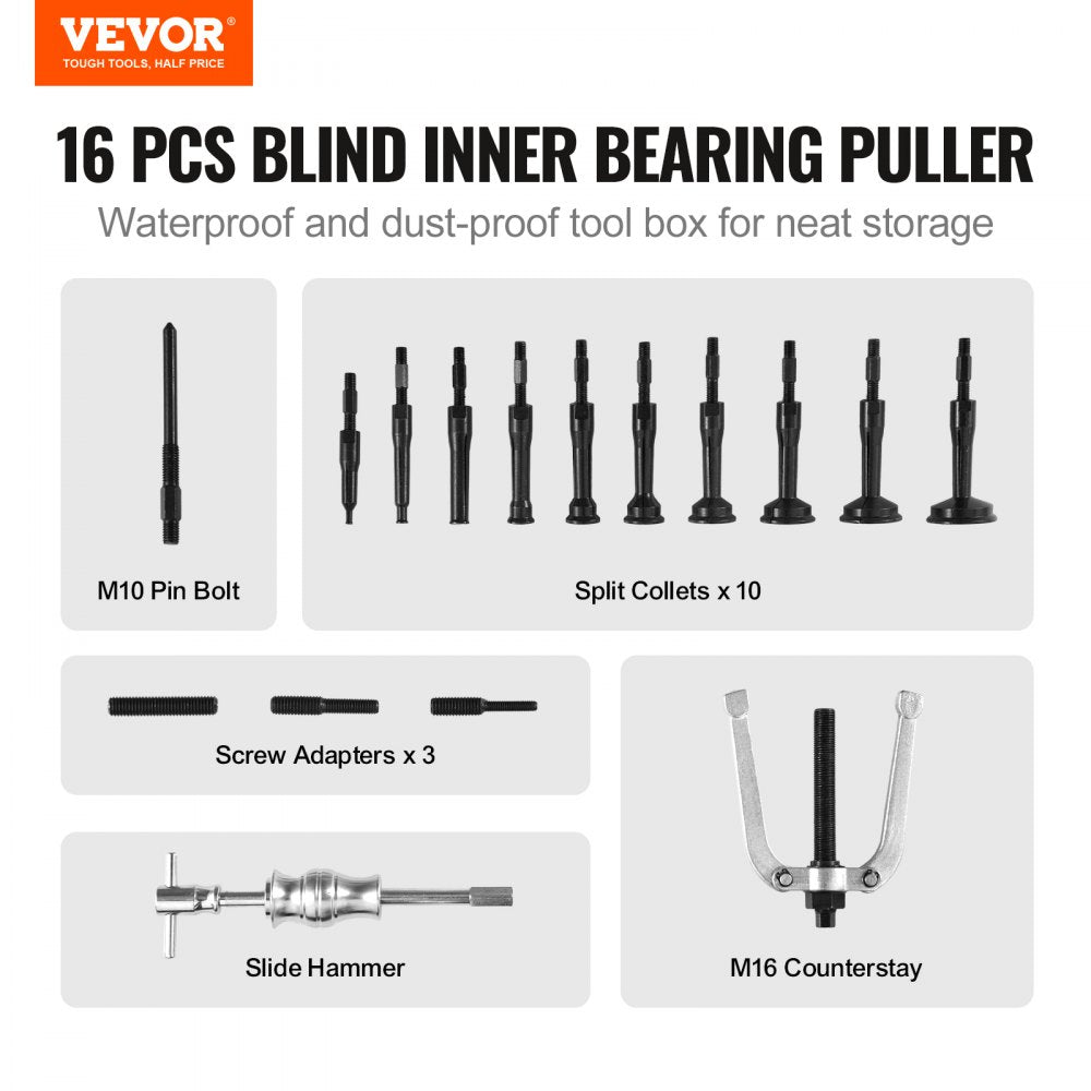 Blind Hole Bearing Puller Set, 16-in-1 Inner Bearing Race and Seal Extractor Kit, Slide Hammer Pilot Insert Inner Internal Bearing Removal Tool Set, 10 Adjustable Collects and Counterstay