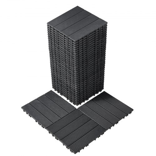 Dark grey interlocking deck tiles, 12"x12", made of durable plastic for outdoor or indoor use.
