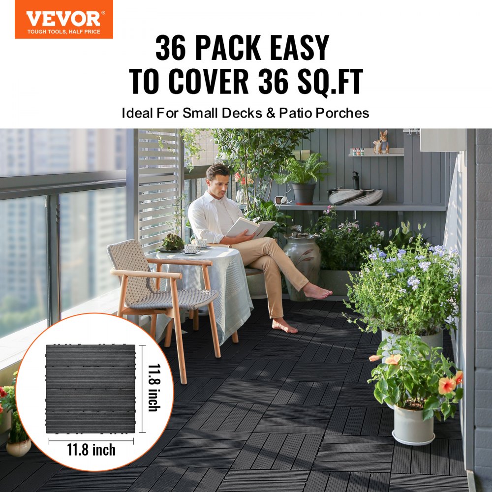 Dark grey interlocking deck tiles, 12"x12", made of durable plastic for outdoor or indoor use.