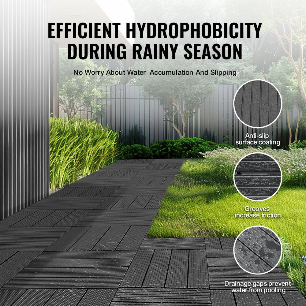Dark grey interlocking deck tiles, 12"x12", made of durable plastic for easy installation.