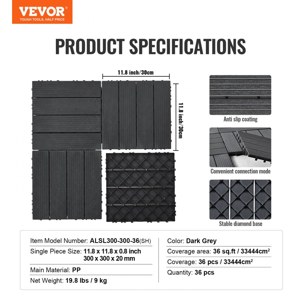 Dark grey interlocking deck tiles, 12"x12", made of durable plastic for outdoor or indoor use.