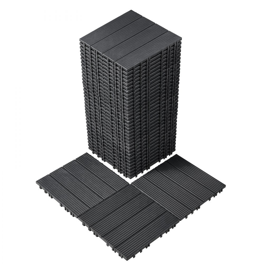 Dark grey interlocking deck tiles, 12"x12", made of durable plastic for outdoor or indoor use.