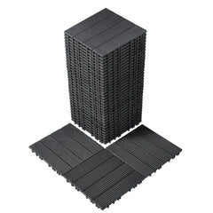 Dark grey interlocking deck tiles, 12"x12", made of durable plastic for outdoor or indoor use.