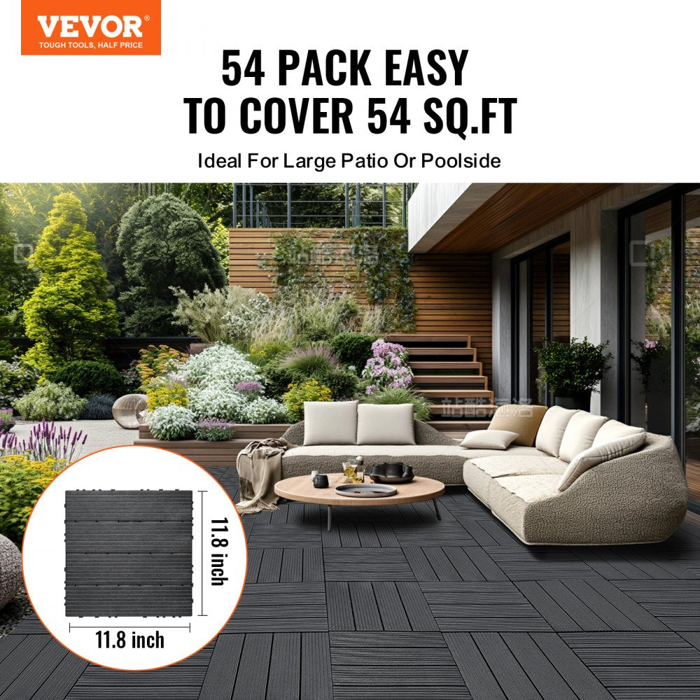 Dark grey interlocking deck tiles in a 54-pack, each measuring 12"x12" made of plastic.