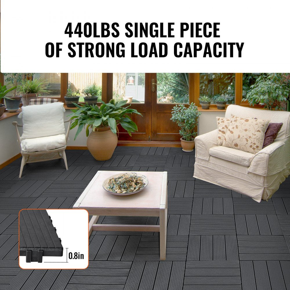 Dark grey plastic interlocking deck tiles, 12"x12", arranged in a 54-pack on a flat surface.