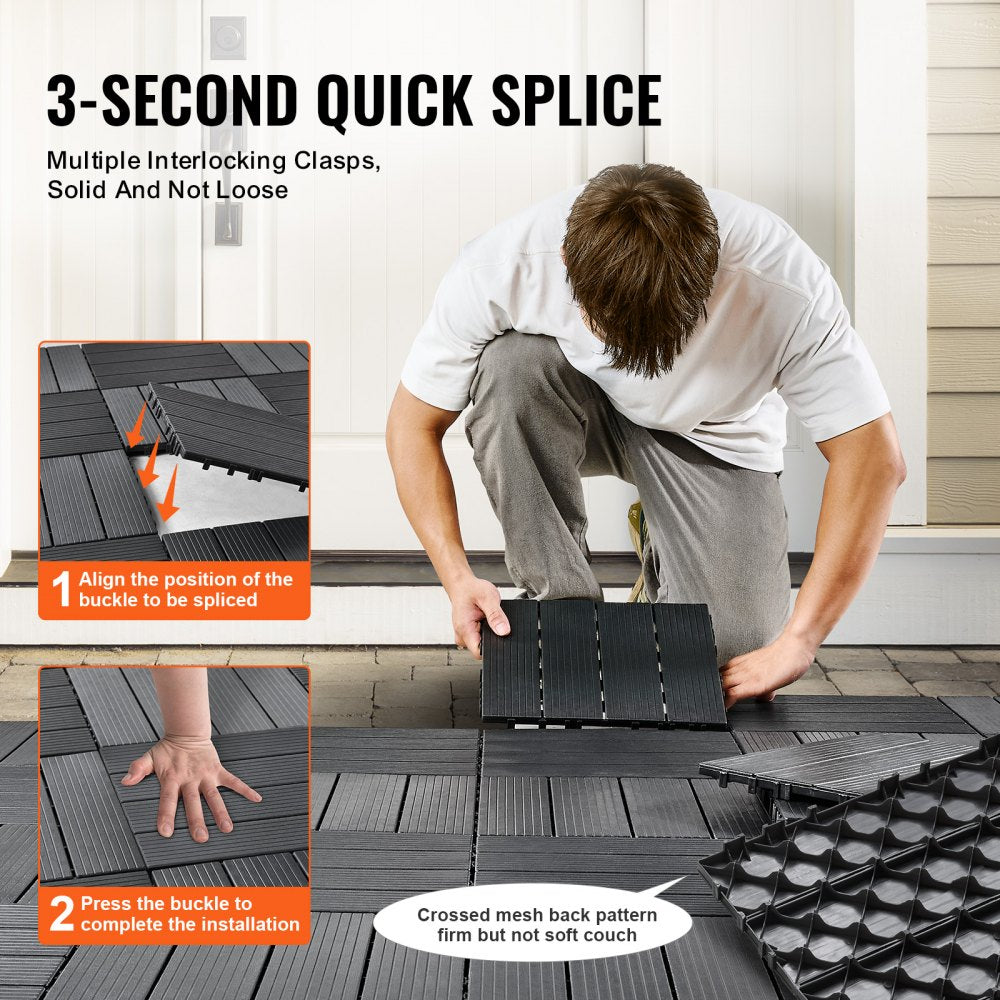 Bostome interlocking deck tiles in dark grey plastic, 12"x12", arranged on a flat surface.