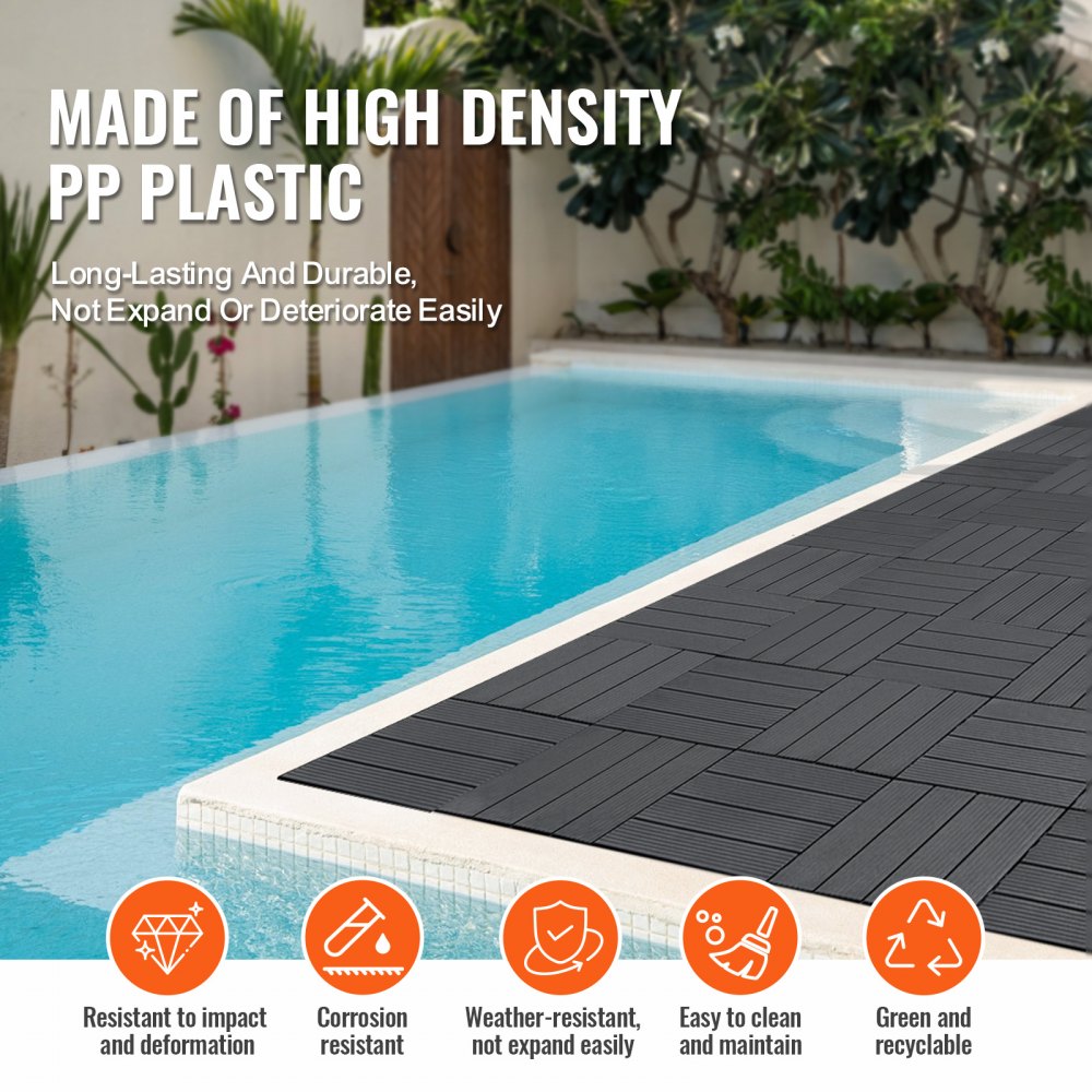 Dark grey interlocking deck tiles in a 54-pack, each measuring 12"x12" made of plastic.