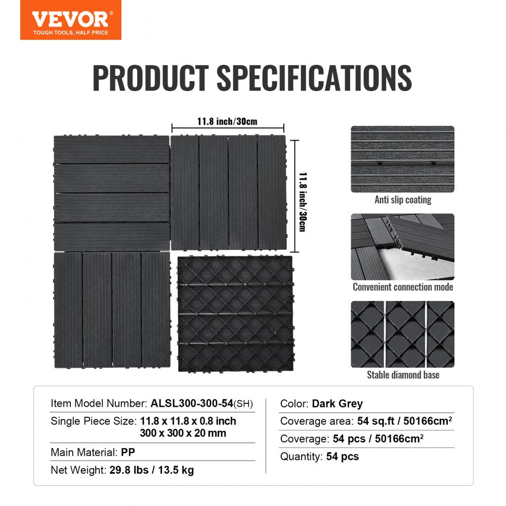 Dark grey plastic interlocking deck tiles, 12"x12", arranged in a 54-pack for flooring.