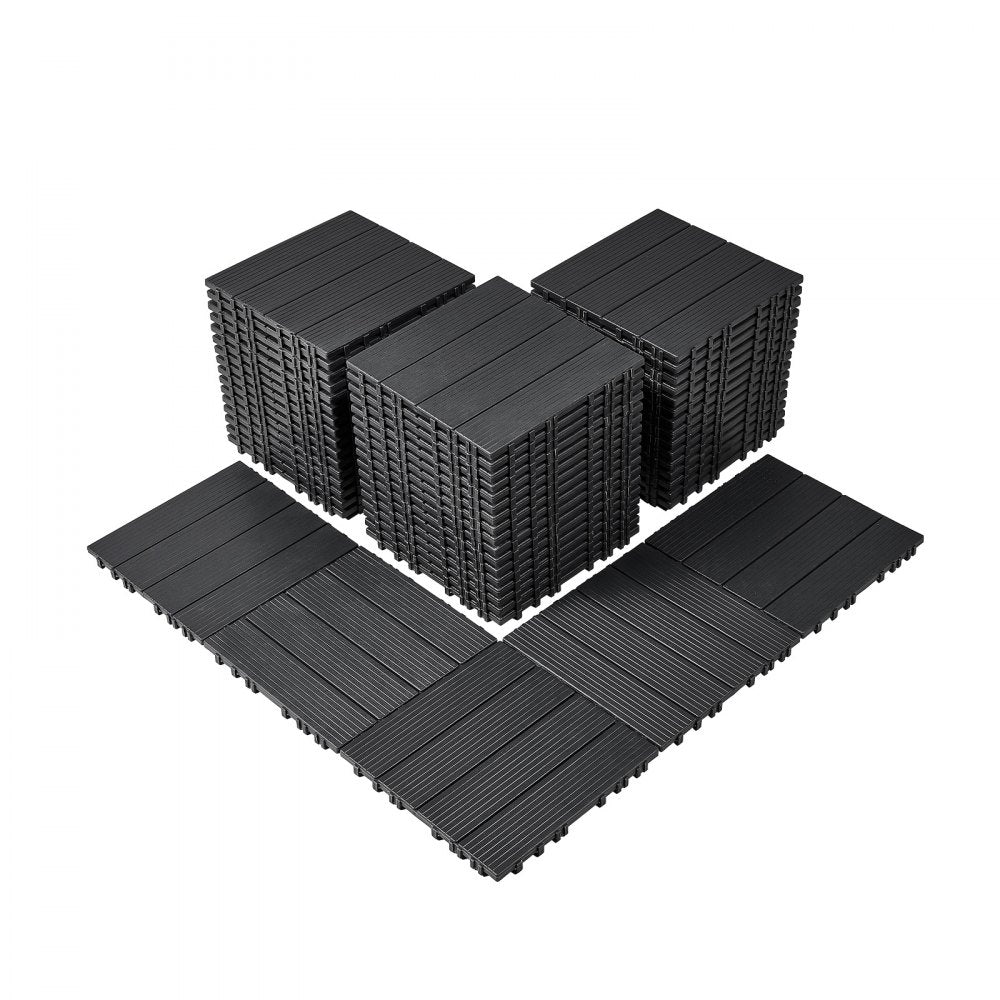 Dark grey interlocking deck tiles in a 54-pack, each measuring 12"x12" made of plastic.