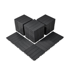 Dark grey interlocking deck tiles in a 54-pack, each measuring 12"x12" made of plastic.