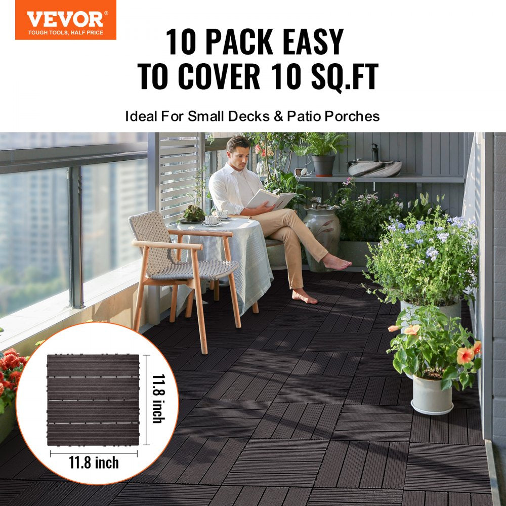 Dark brown waterproof interlocking deck tiles, 12"x12", with slip-resistant surface and drainage grooves.