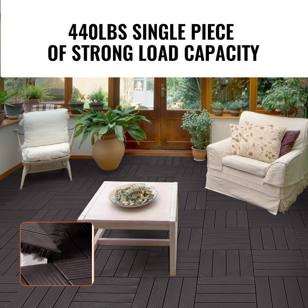 Dark brown interlocking deck tiles, 12"x12", waterproof with slip-resistant surface and drainage grooves.