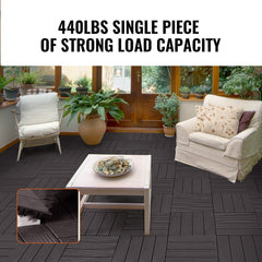 Dark brown interlocking deck tiles, 12"x12", waterproof with slip-resistant surface and drainage grooves.