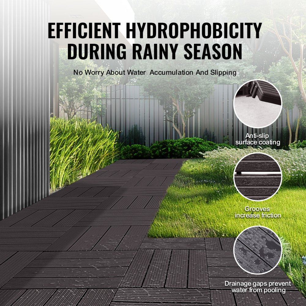Dark brown interlocking deck tiles, 12"x12", waterproof with a slip-resistant surface.