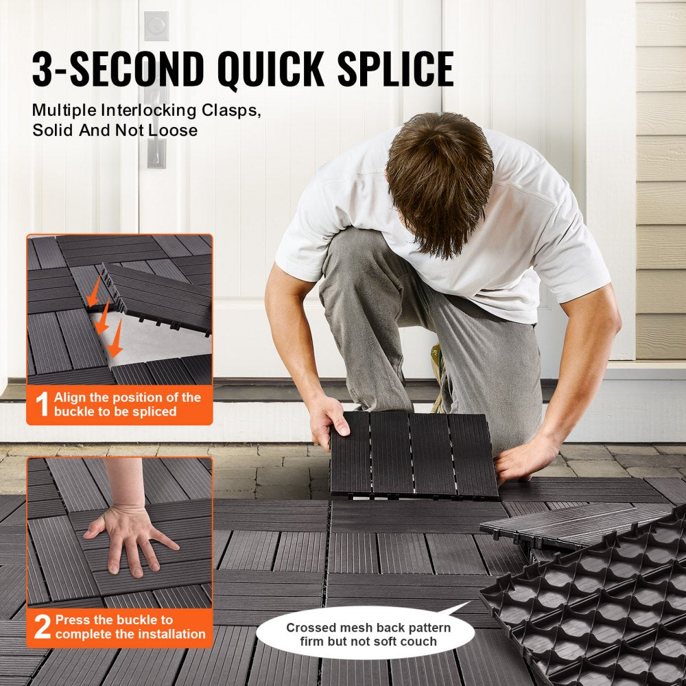 Dark brown interlocking deck tiles, 12"x12", waterproof with slip-resistant surface and drainage grooves.