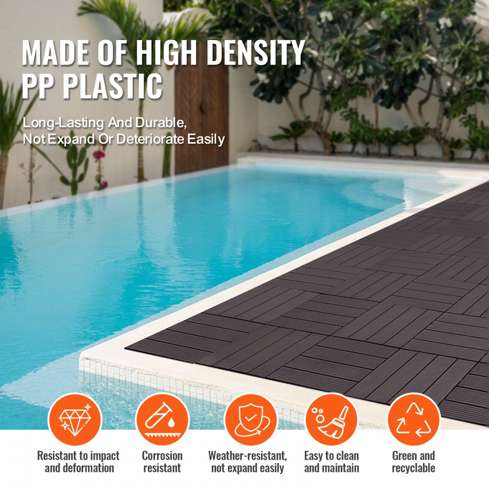 Dark brown interlocking deck tiles, 12"x12", waterproof with slip-resistant surface and drainage grooves.