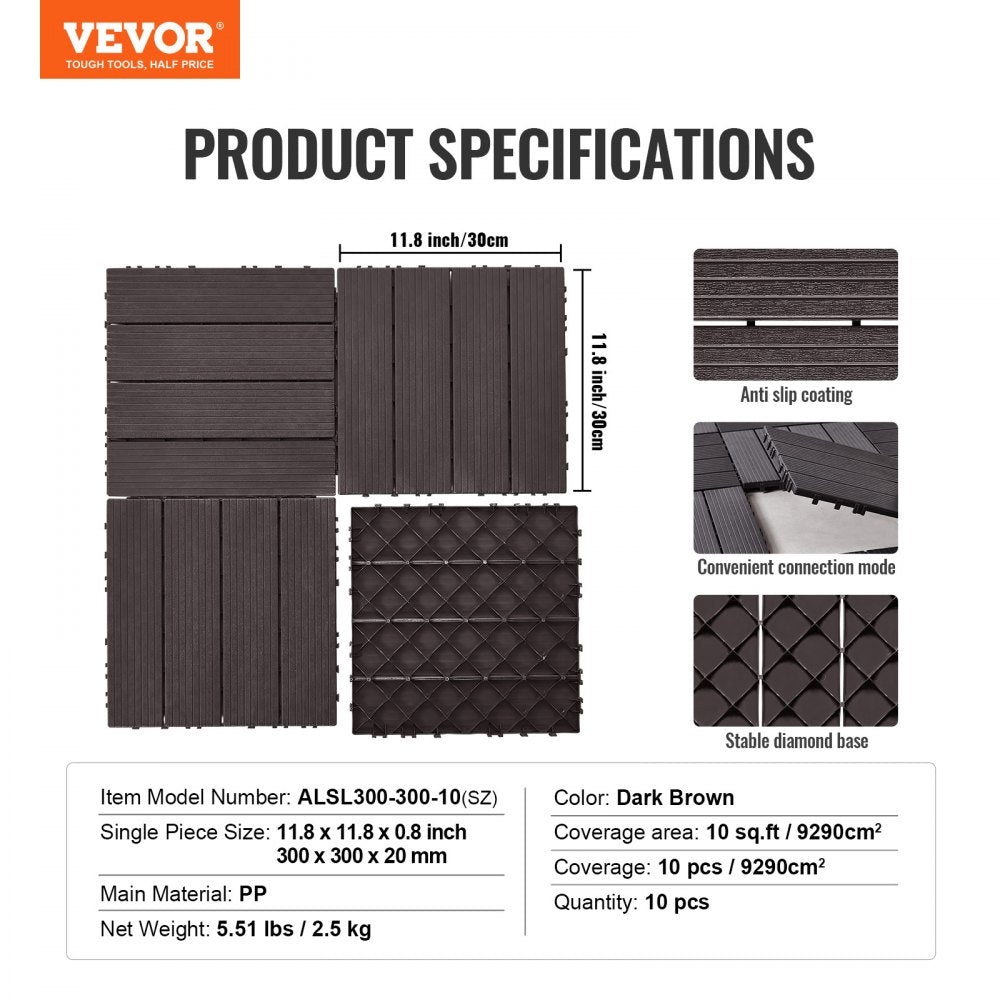 Dark brown interlocking deck tiles, 12"x12", waterproof with slip-resistant surface.
